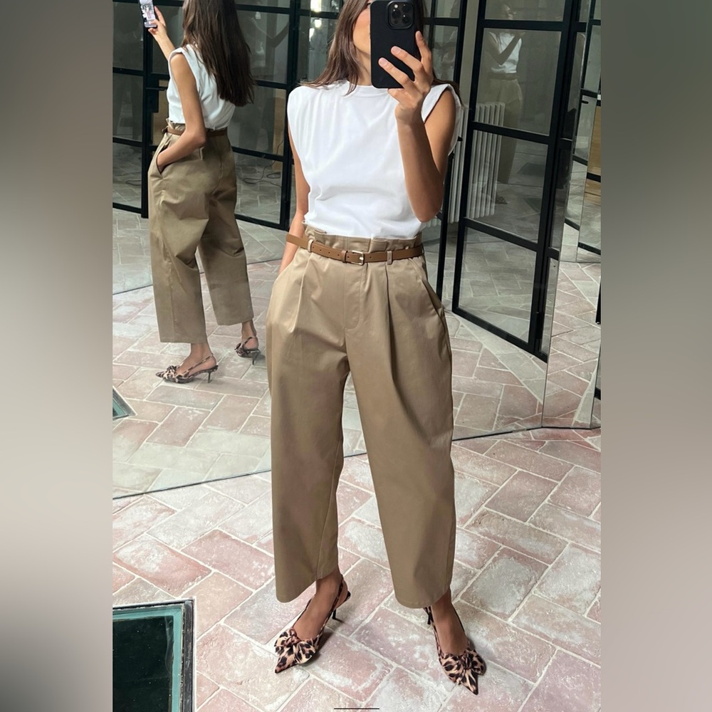 Zara Tan High-Waist Wide-Leg Cropped Pants